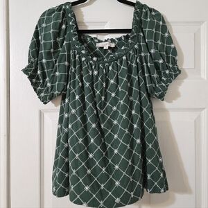 EUC LOFT Smocked Puff Sleeve Blouse | Size Large | Embroidered Eyelet Knit Chic